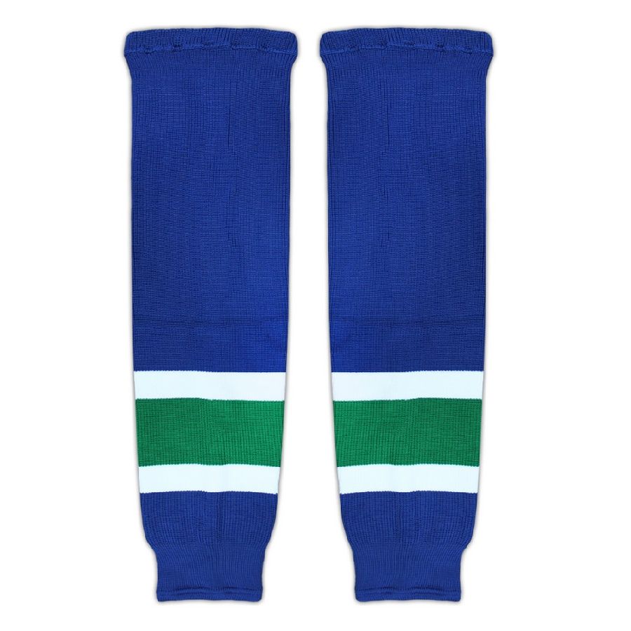 картинка Гамаши хоккейные вязаные бесшовные синие (белые, зеленые полосы) от магазина LutchShop.ru